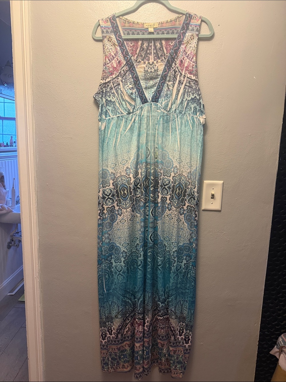 ONE WORLD Turquoise and Navy Printed Maxi Dress